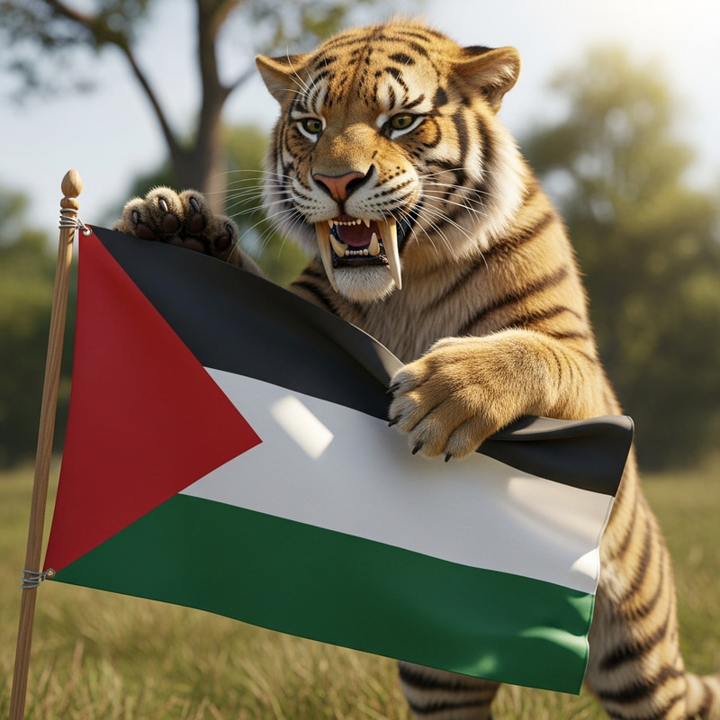 Playful Cat with Large Tooth and Flag in Palestinian Colors