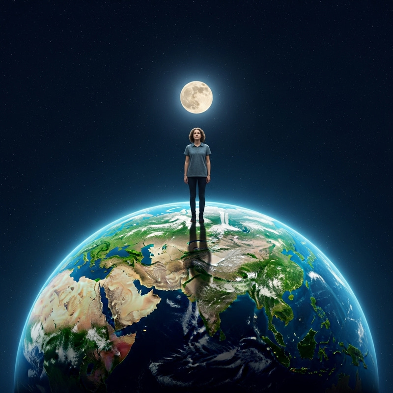 Starry Sky Portrait of Caucasian Individual on Earth with Moon Starry Sky Portrait of Caucasian Individual on Earth with Moon