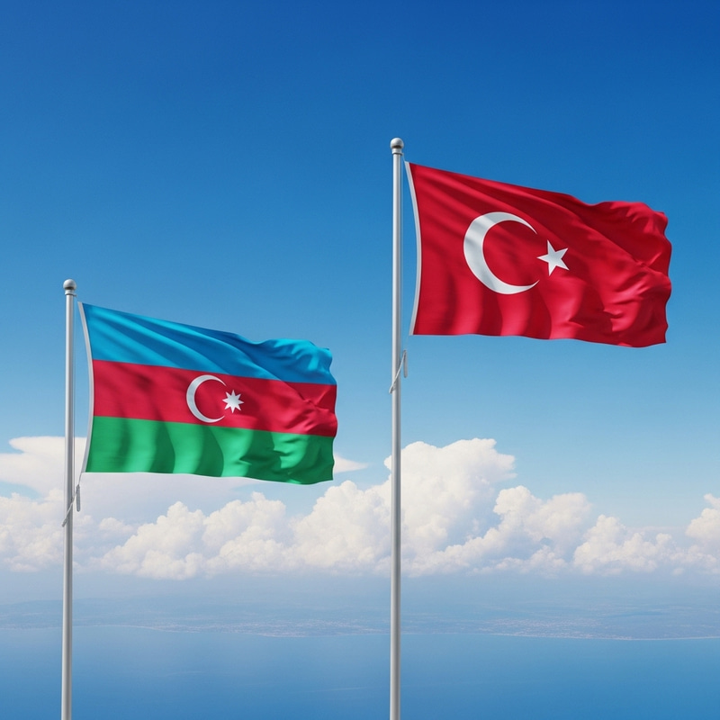 Azerbaijani and Turkish Flags Waving Proudly - Vibrant Aerial View Azerbaijani and Turkish Flags Waving Proudly - Vibrant Aerial View