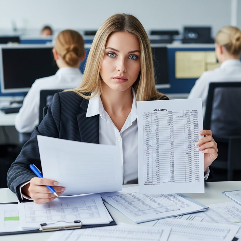 Bored Woman in Office | Drowning in Accounting Spreadsheets