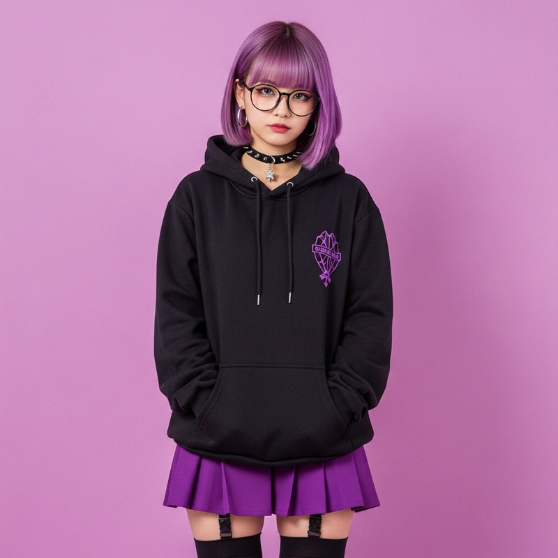 Stylish Asian Student with Purple Hair and Glasses in Urban Fashion