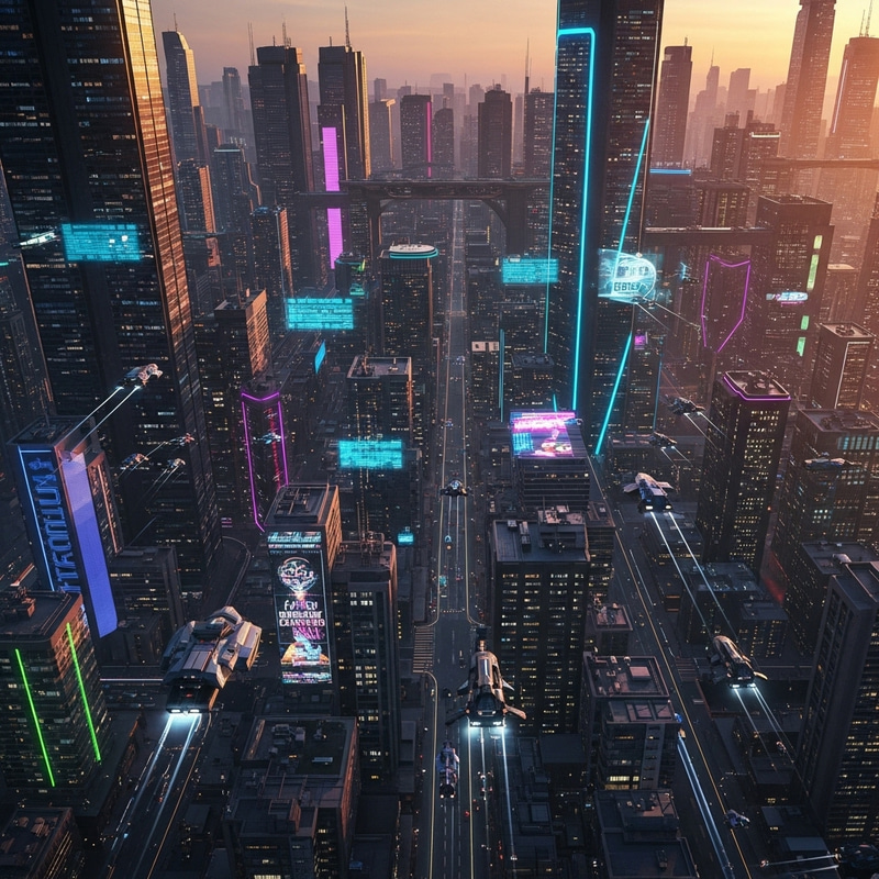Bustling Cyberpunk Sunset Cityscape | Neon Lights & Drones