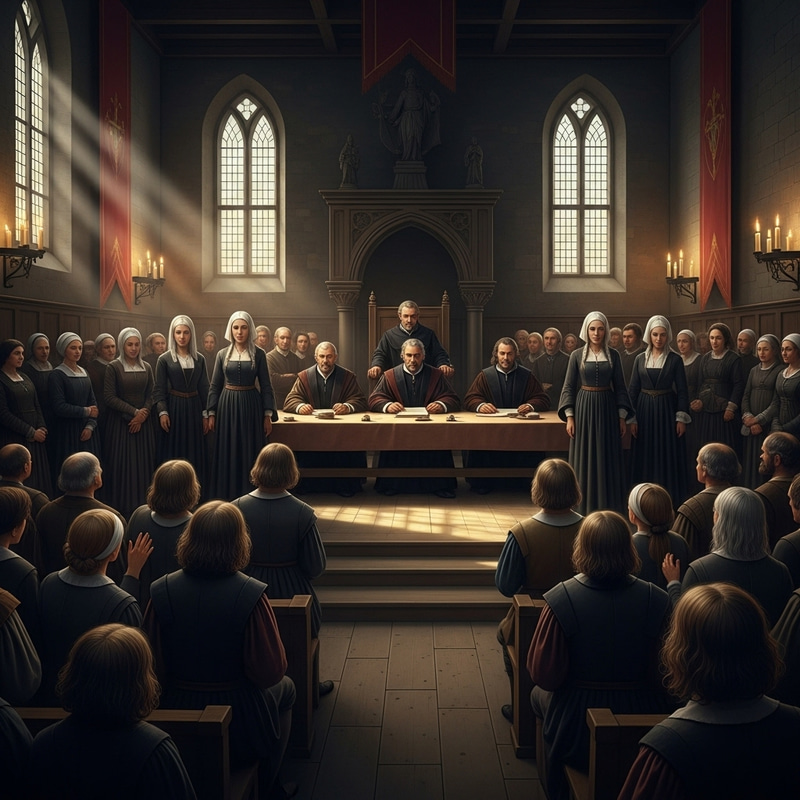 Historical Witches Trial Scene in Inquisition Courtroom