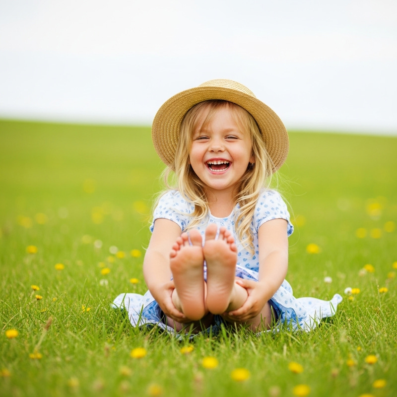 Joyful Barefoot Girl Laughing on Lush Meadow | Clean Soles