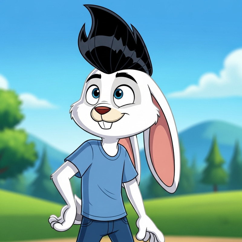 Furry Cartoon Rabbit Male with Black Hair and White Skin