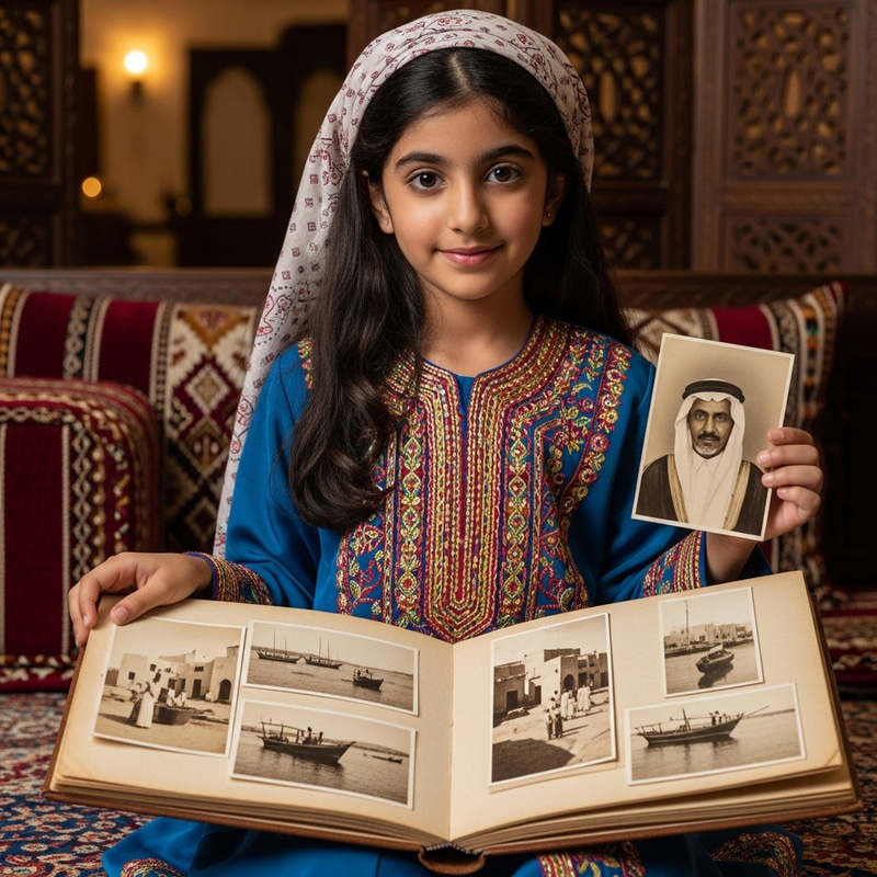Qatari Girl in Traditional Attire Showcases Vintage Photos
