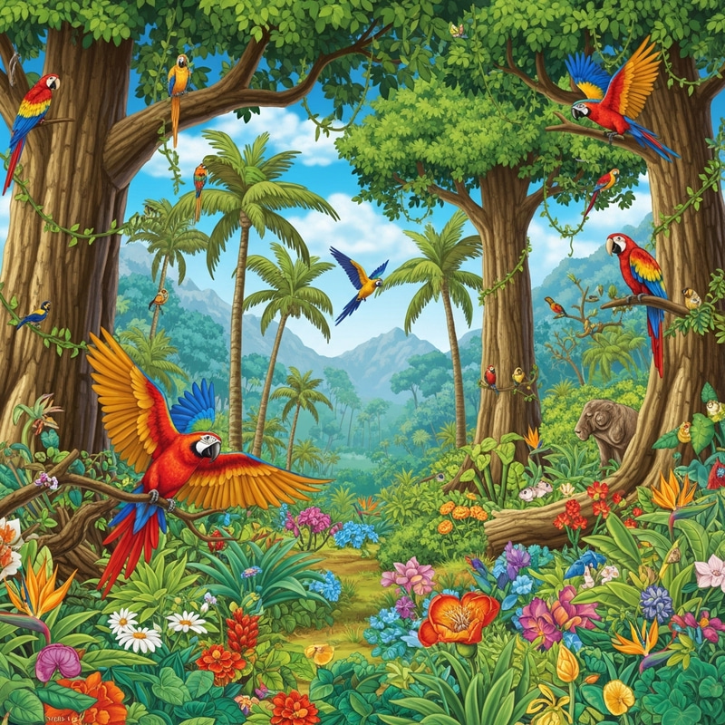 Lush & Colorful Jungle Teeming with Life - Illustrated Scene Lush & Colorful Jungle Teeming with Life - Illustrated Scene