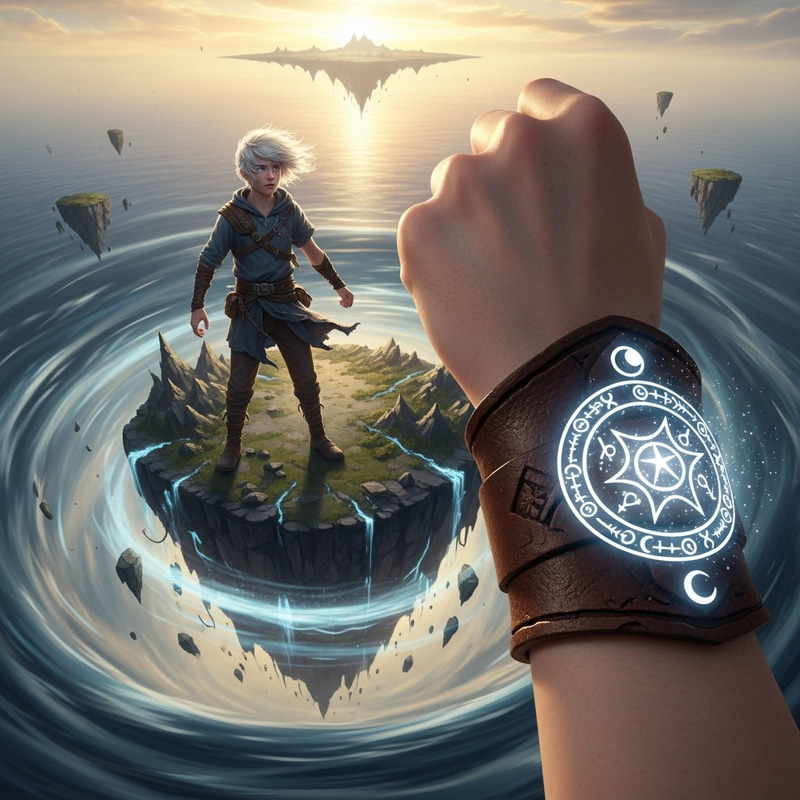 13-Year-Old White-Haired Boy in Enchanting Setting with Magical Bracelet