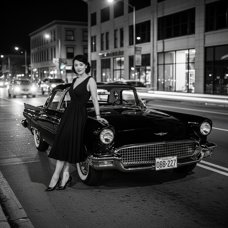1957 Black Ford Thunderbird with Elegant Woman in Vintage Dress on City Night Street