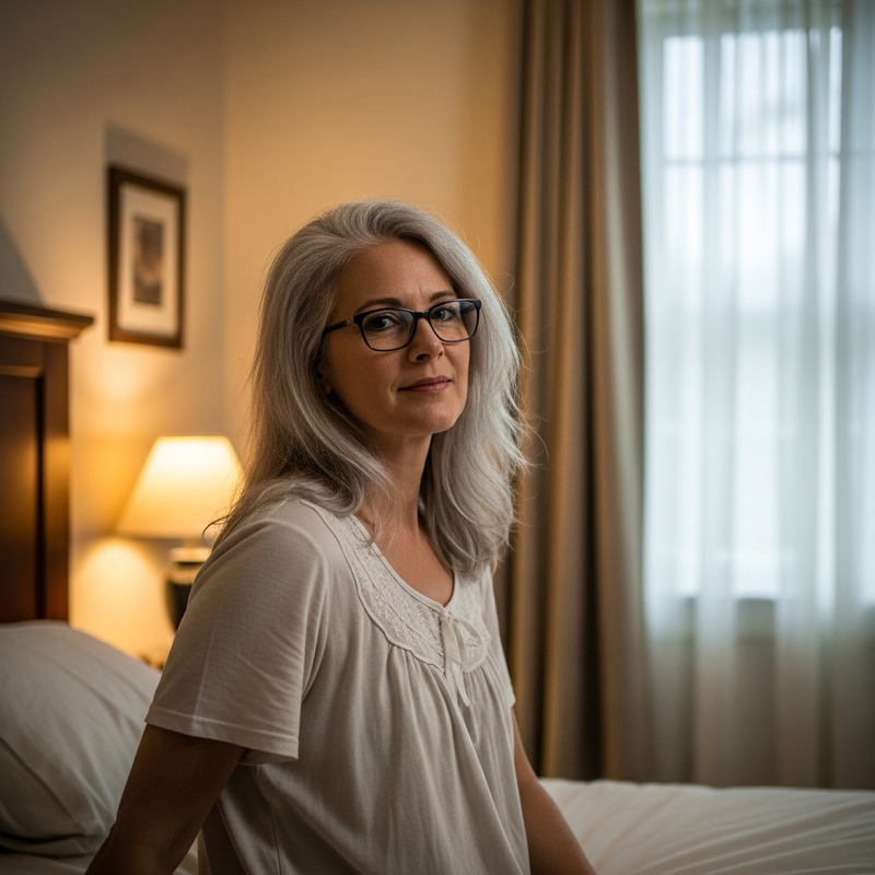 40-Year-Old Woman with Silver Blonde Hair in Bedroom Setting 40-Year-Old Woman with Silver Blonde Hair in Bedroom Setting