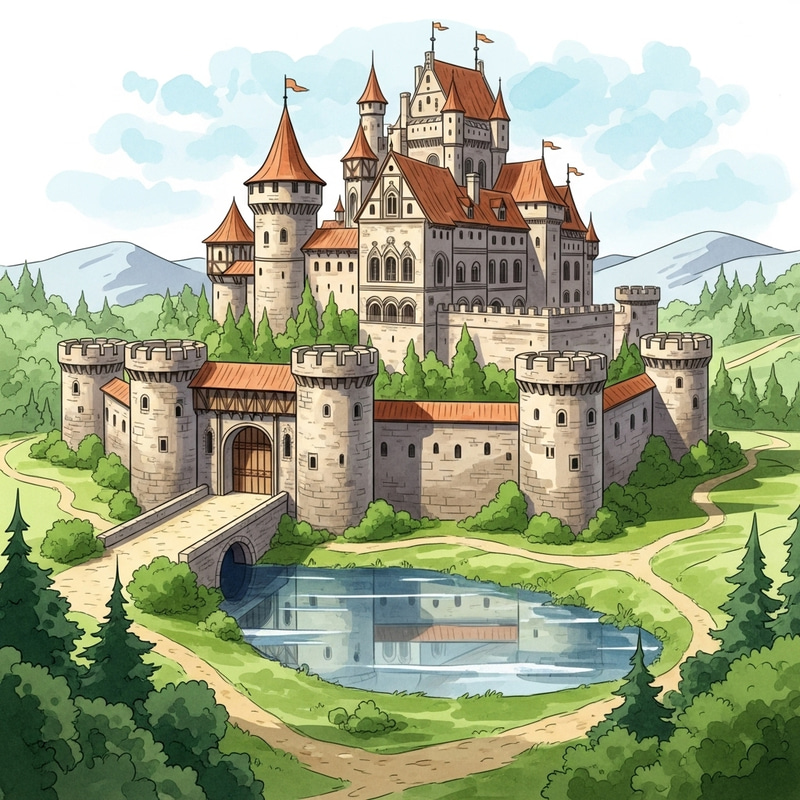 European Medieval Castle Watercolor Painting