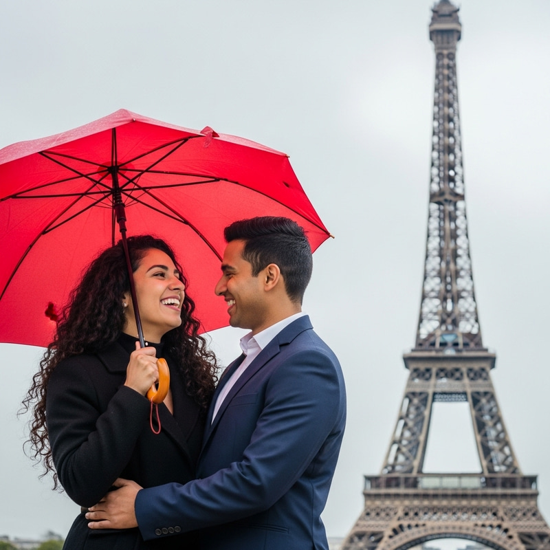 Realistic Image of Romantic Couple Under Red Umbrella at Eiffel Tower Realistic Image of Romantic Couple Under Red Umbrella at Eiffel Tower