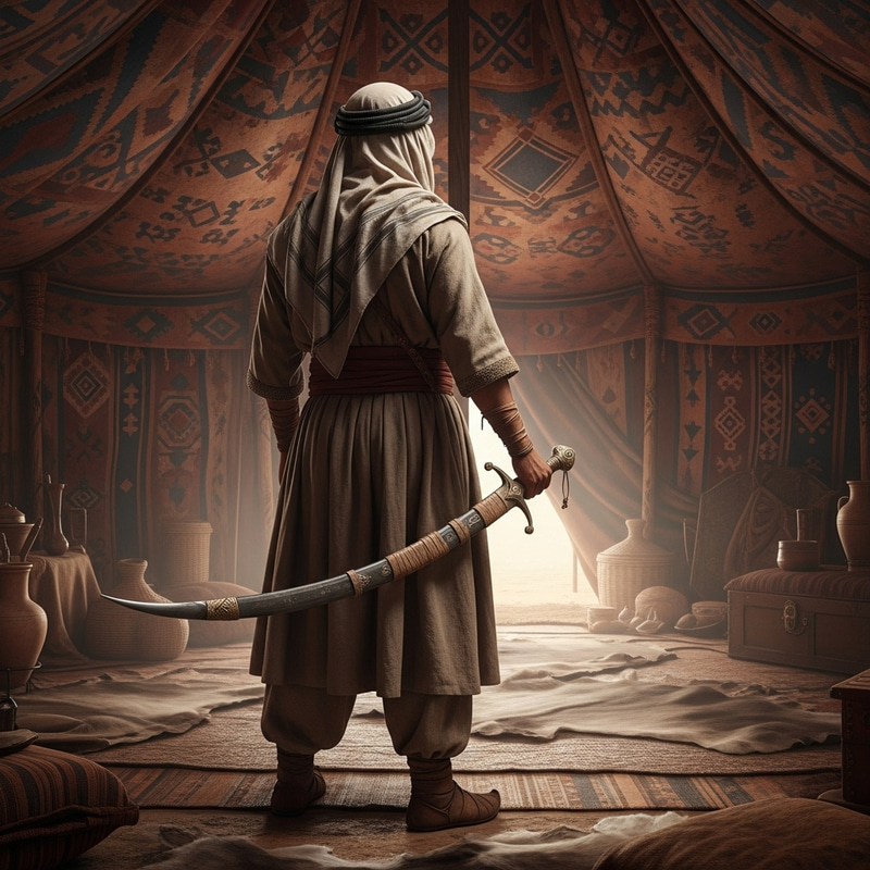 Middle-Eastern Man Wielding Sword in Ancient Tent