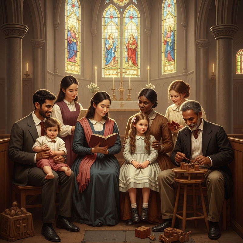 Vintage Family Unity in Church: Multicultural Scene Vintage Family Unity in Church: Multicultural Scene