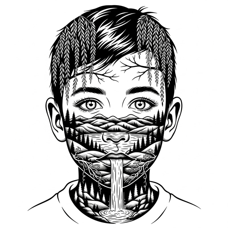 Enchanting Stencil Art: Boy's Face Transforms into Nature Scene