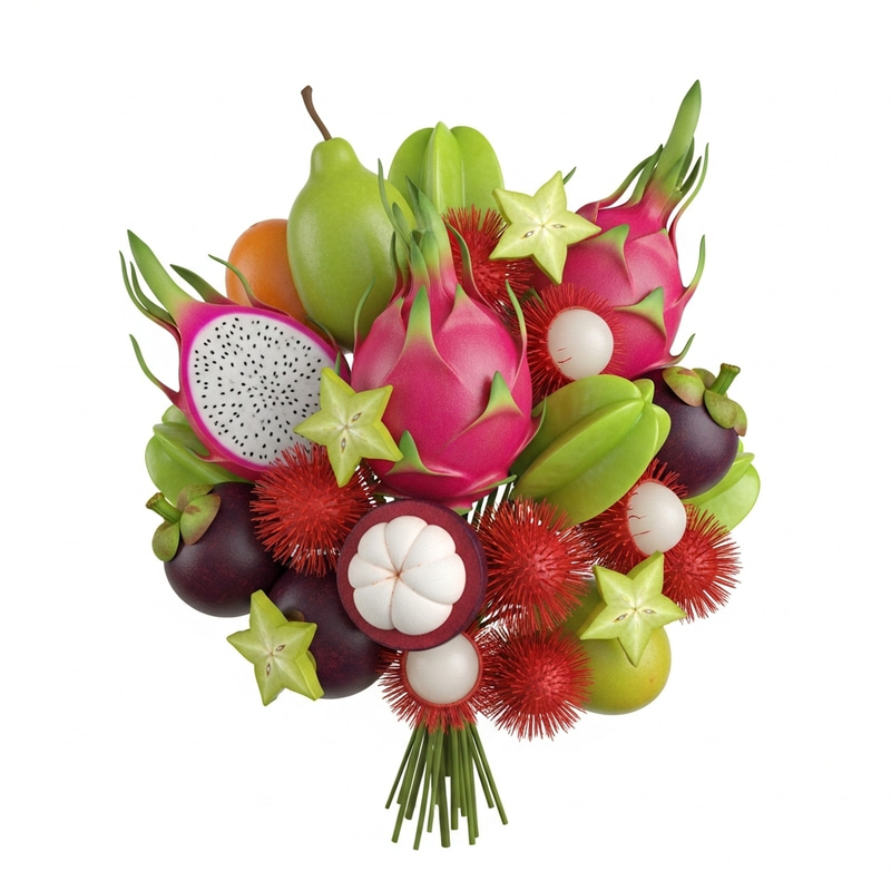 Exotic Fruit Bouquet: Vibrant 3D Rendered Delight Exotic Fruit Bouquet: Vibrant 3D Rendered Delight