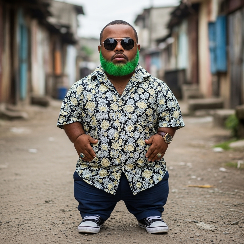 Unique Green Beard on Black Midget in Urban Slums