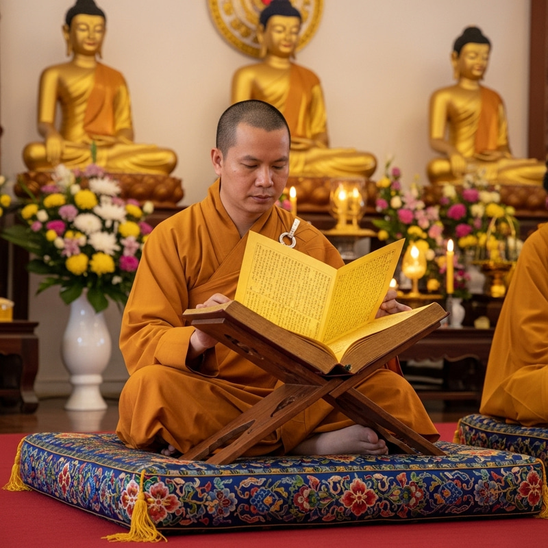 Buddhist Monk Reading Tripitaka in Illuminated Temple Buddhist Monk Reading Tripitaka in Illuminated Temple