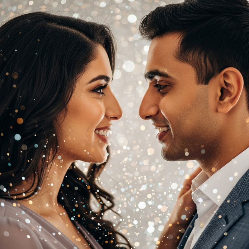 Romantic Multicultural Couple Gazing in Glittery Setting | Love & Magic Romantic Multicultural Couple Gazing in Glittery Setting | Love & Magic