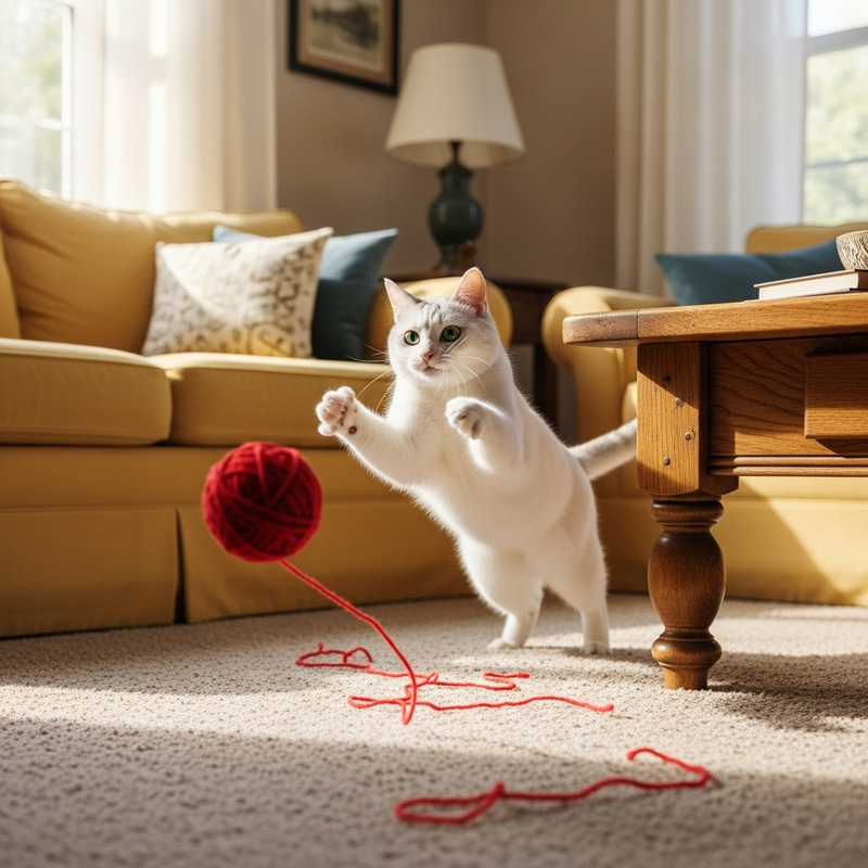 Playful White Cat with Green Eyes on Cozy Rug Playful White Cat with Green Eyes on Cozy Rug