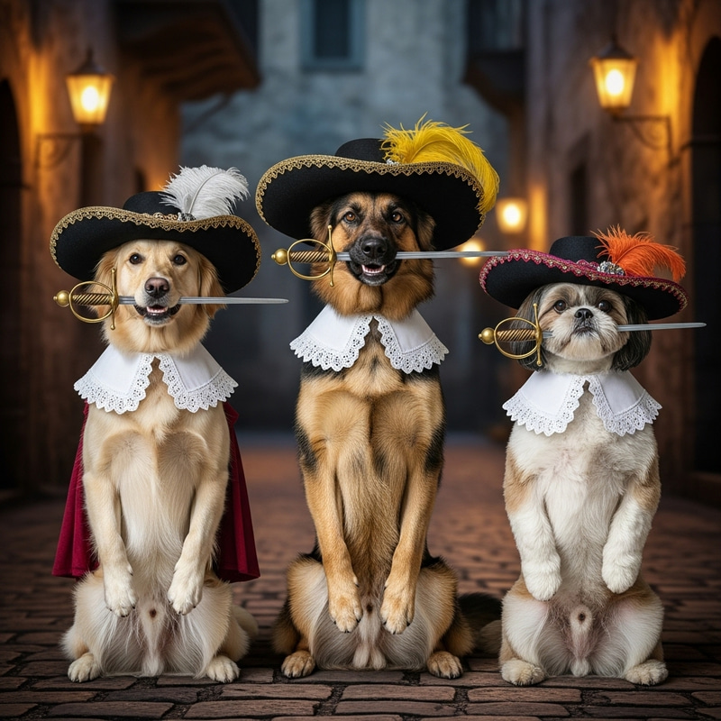 Three Dog Musketeers: Canine Renaissance Trio in 17th Century Attire Three Dog Musketeers: Canine Renaissance Trio in 17th Century Attire