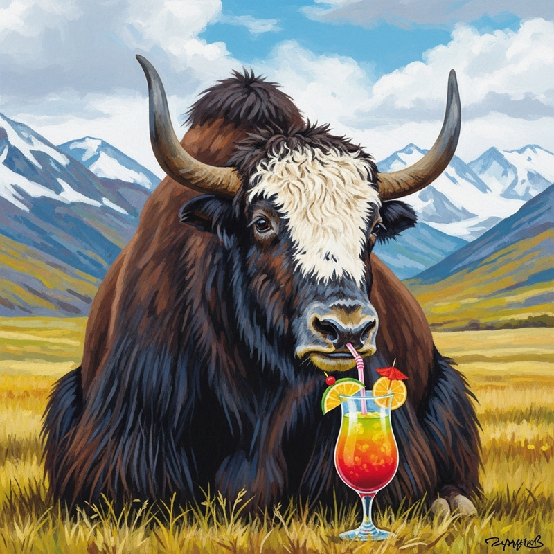 Majestic Yak Sipping Tropical Cocktail - Nature-Inspired Photography Majestic Yak Sipping Tropical Cocktail - Nature-Inspired Photography