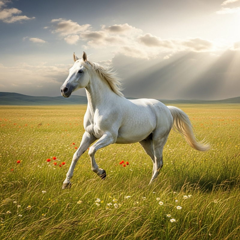 Realistic Image of Majestic White Stallion Galloping in Open Field | Symbolizes Freedom