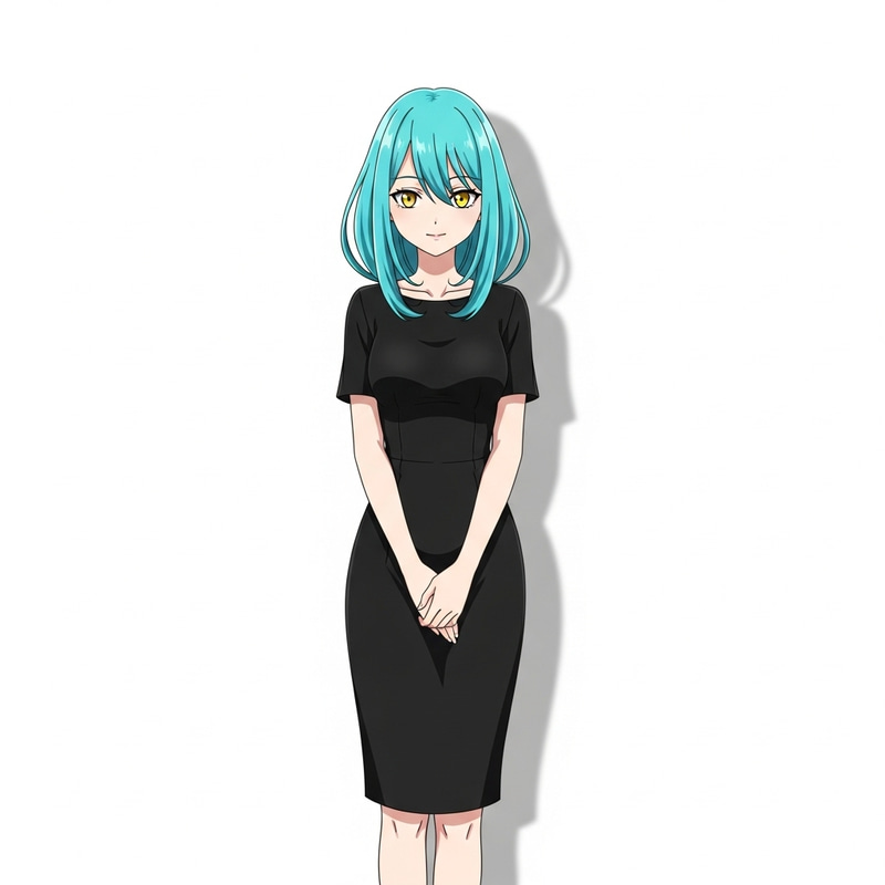 Cyan Hair & Yellow Eyes Anime Girl in Elegant Black Dress Cyan Hair & Yellow Eyes Anime Girl in Elegant Black Dress