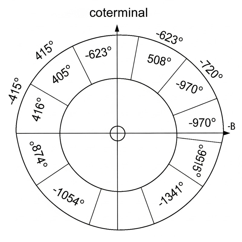 Coterminal Angles Visualization: Degrees 415, -623, 508, -720, 816, -970, 1054, -1341 Coterminal Angles Visualization: Degrees 415, -623, 508, -720, 816, -970, 1054, -1341
