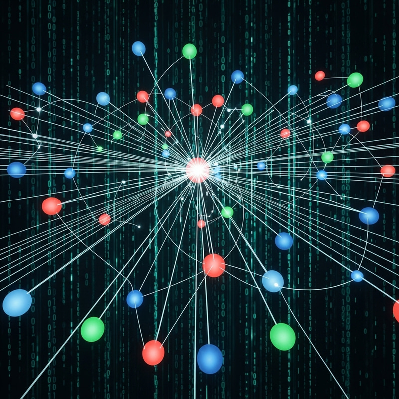 Intricate Networking Visualization: Glowing Spheres & Digital Threads Intricate Networking Visualization: Glowing Spheres & Digital Threads