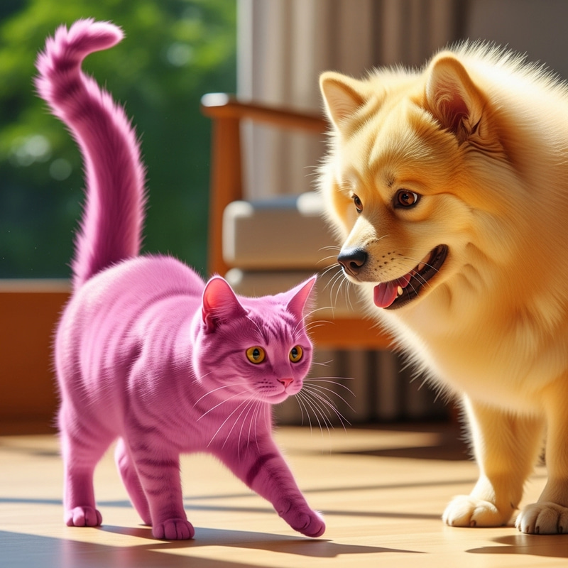 Pink Cat and Yellow Dog: A Playful Scene