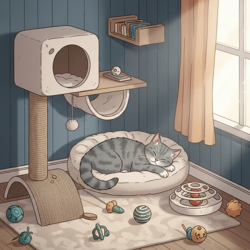 Cozy Cat Hotel: Adorable Grey Cat Taking a Nap in Luxury Room Cozy Cat Hotel: Adorable Grey Cat Taking a Nap in Luxury Room