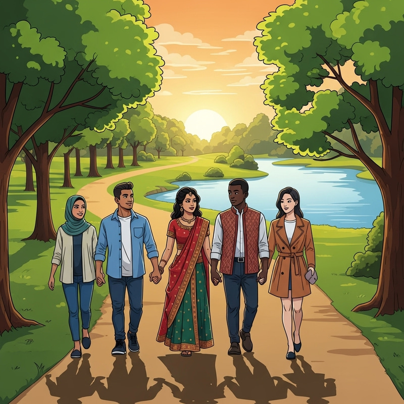 Romantic Couples Walking Together at Sunset