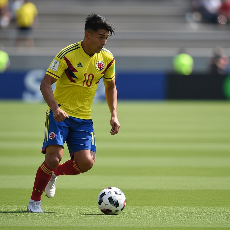 Hispanic Soccer Player Dribbling in Colombian National Team Shirt Hispanic Soccer Player Dribbling in Colombian National Team Shirt