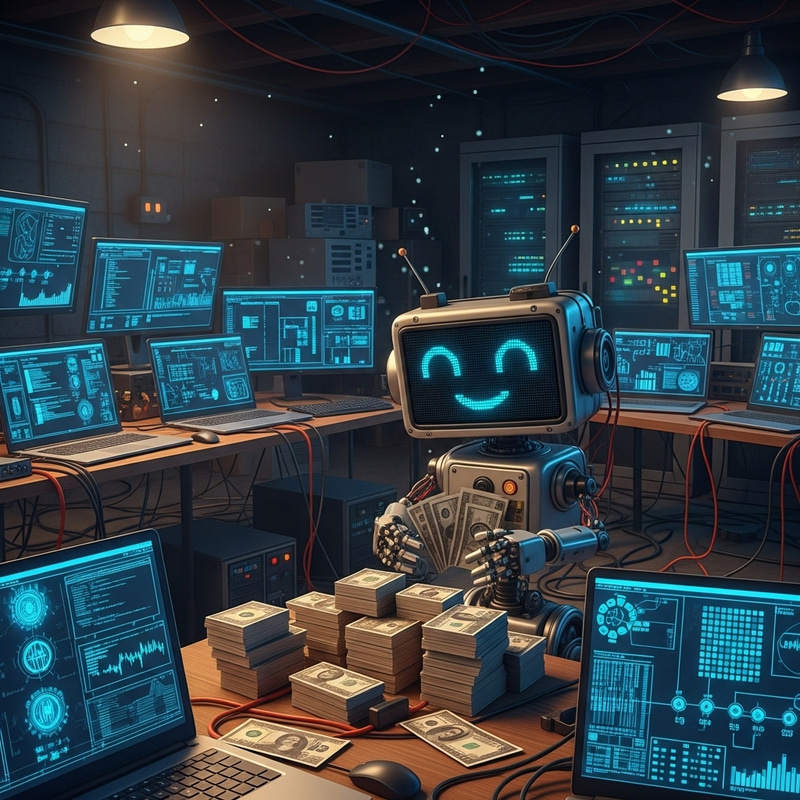 Charming LCD Robot Counting Currency in Dimly-lit Basement