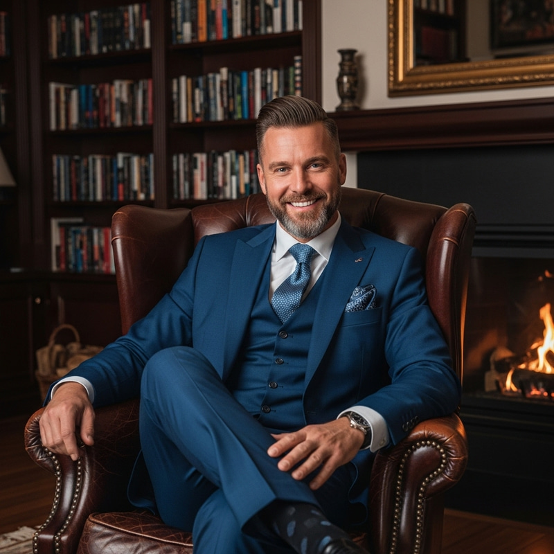 Rich Mid-40s Caucasian Man in Opulent Suit | Luxurious Home Library