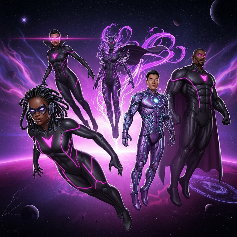 Visionary Superhero Team in Space | Future Innovation - Purple Pink Black