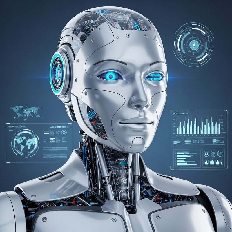 Futuristic AI Robot Winking in Polished Silver Exterior Futuristic AI Robot Winking in Polished Silver Exterior