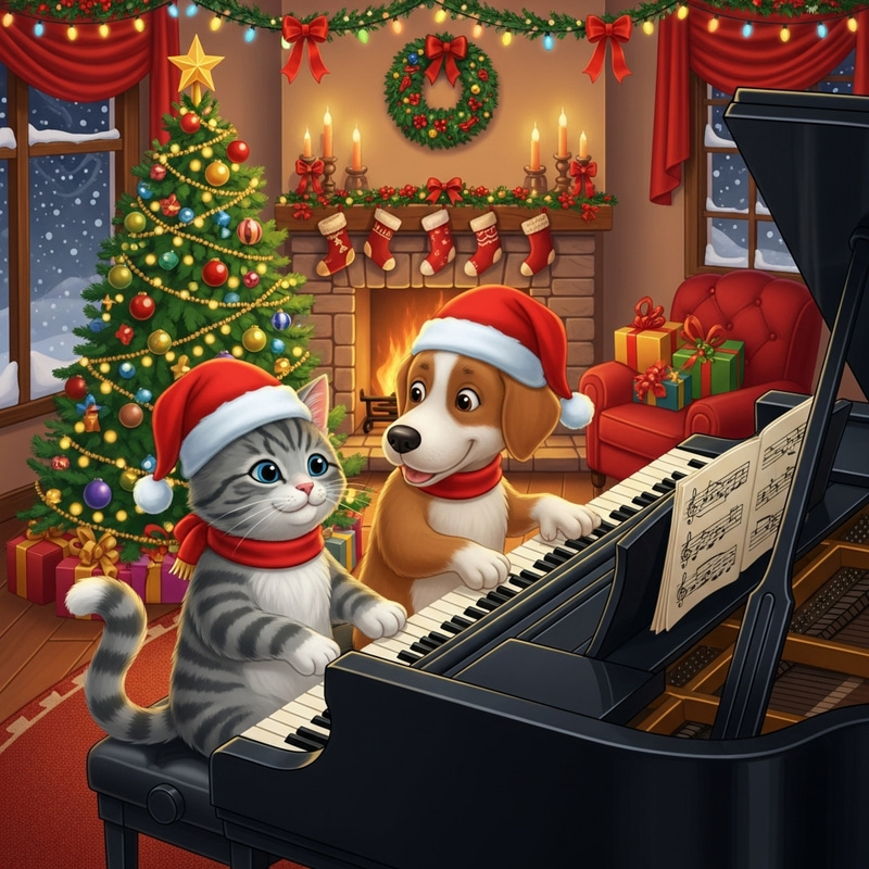 Happy Cat and Dog in Christmas Hats Playing Piano Happy Cat and Dog in Christmas Hats Playing Piano