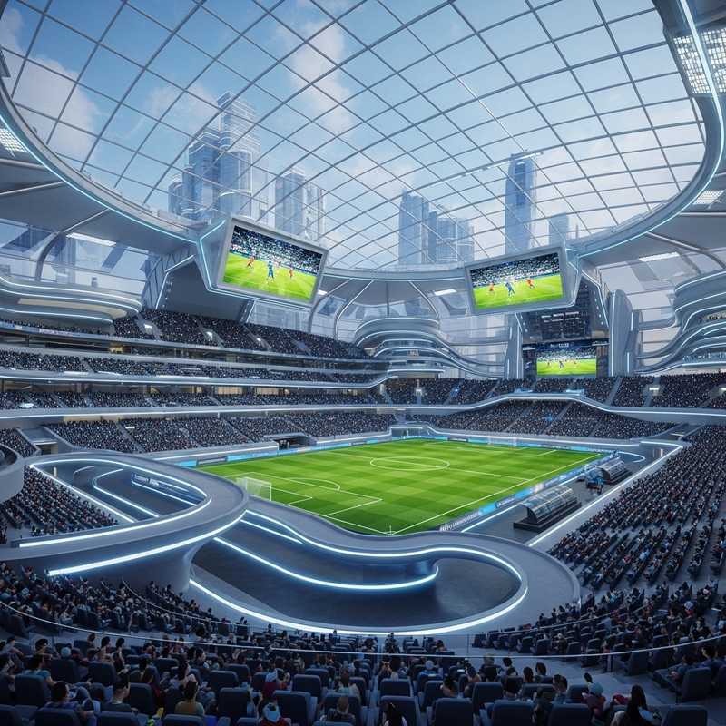 Futuristic Stadium with Glass Exteriors and Neon Lights Futuristic Stadium with Glass Exteriors and Neon Lights