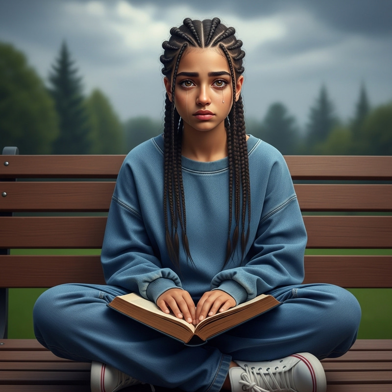 Sad Girl Reading Book Outdoors