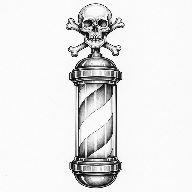 Barber Pole Pencil Drawing of Skull and Crossbones