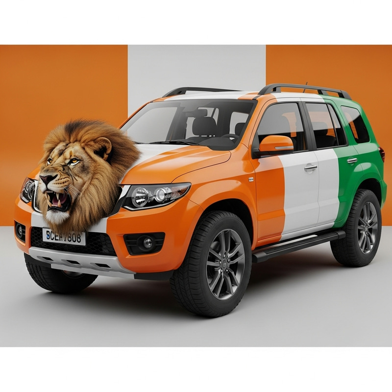Regal Lion's Head Vehicle Displaying Ivory Coast Flag Colors Regal Lion's Head Vehicle Displaying Ivory Coast Flag Colors