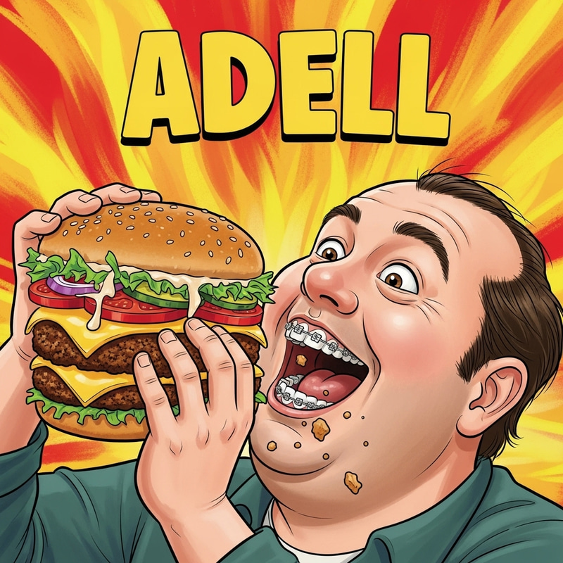 Adell Movie Cover Design: Chubby Braces-Wearing Guy Eating Burger Adell Movie Cover Design: Chubby Braces-Wearing Guy Eating Burger