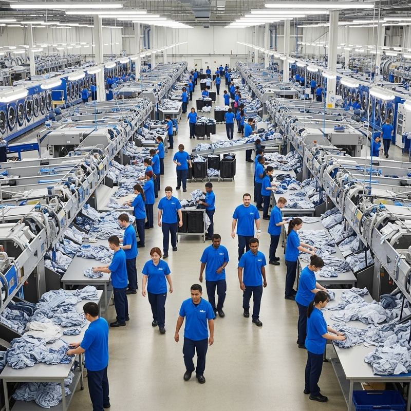 Diverse Workforce in Action at Industrial Laundry Facility