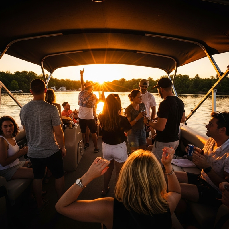Energetic Sunset Party Scene on Pontoon Boat - Summer Vibes Energetic Sunset Party Scene on Pontoon Boat - Summer Vibes