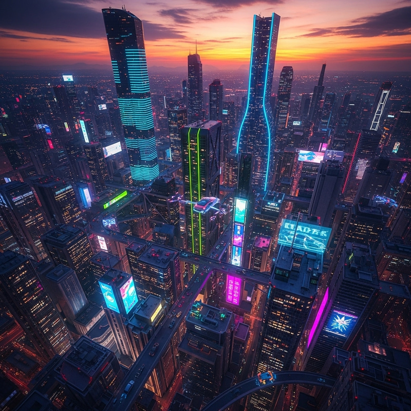 Futuristic Cyberpunk Cityscape at Sunset - Neon Lights