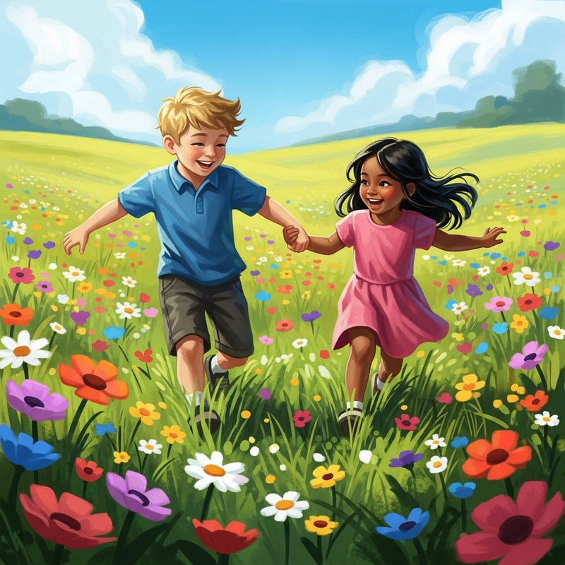 Whimsical Sibling Bonding in Colorful Meadow - Family Fun Scene Whimsical Sibling Bonding in Colorful Meadow - Family Fun Scene