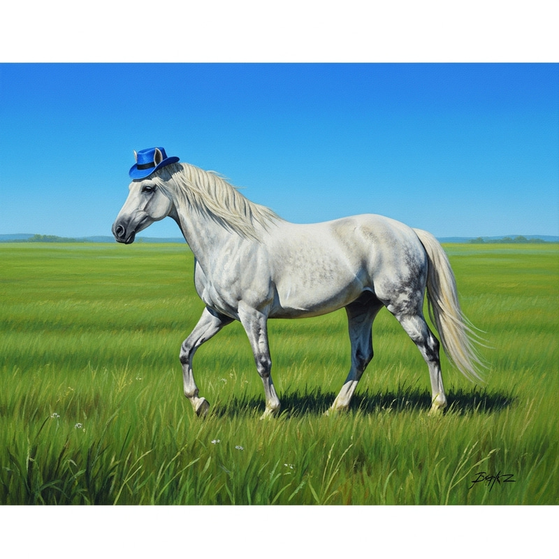 Majestic White Horse with Blue Hat in Serene Green Field