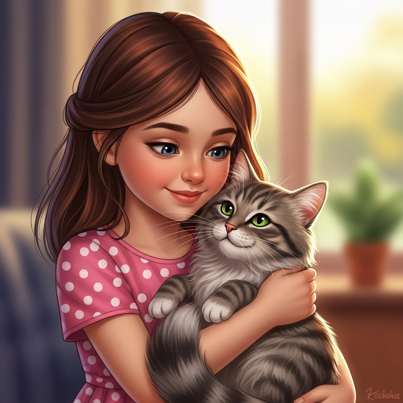 Adorable Girl and Cat - Heartwarming Illustration Adorable Girl and Cat - Heartwarming Illustration